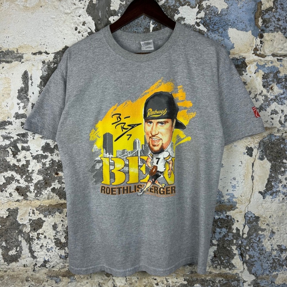 Gildan T-Shirt Mens L Gray Good Ben Roethlisberger Steelers Caricature 2009